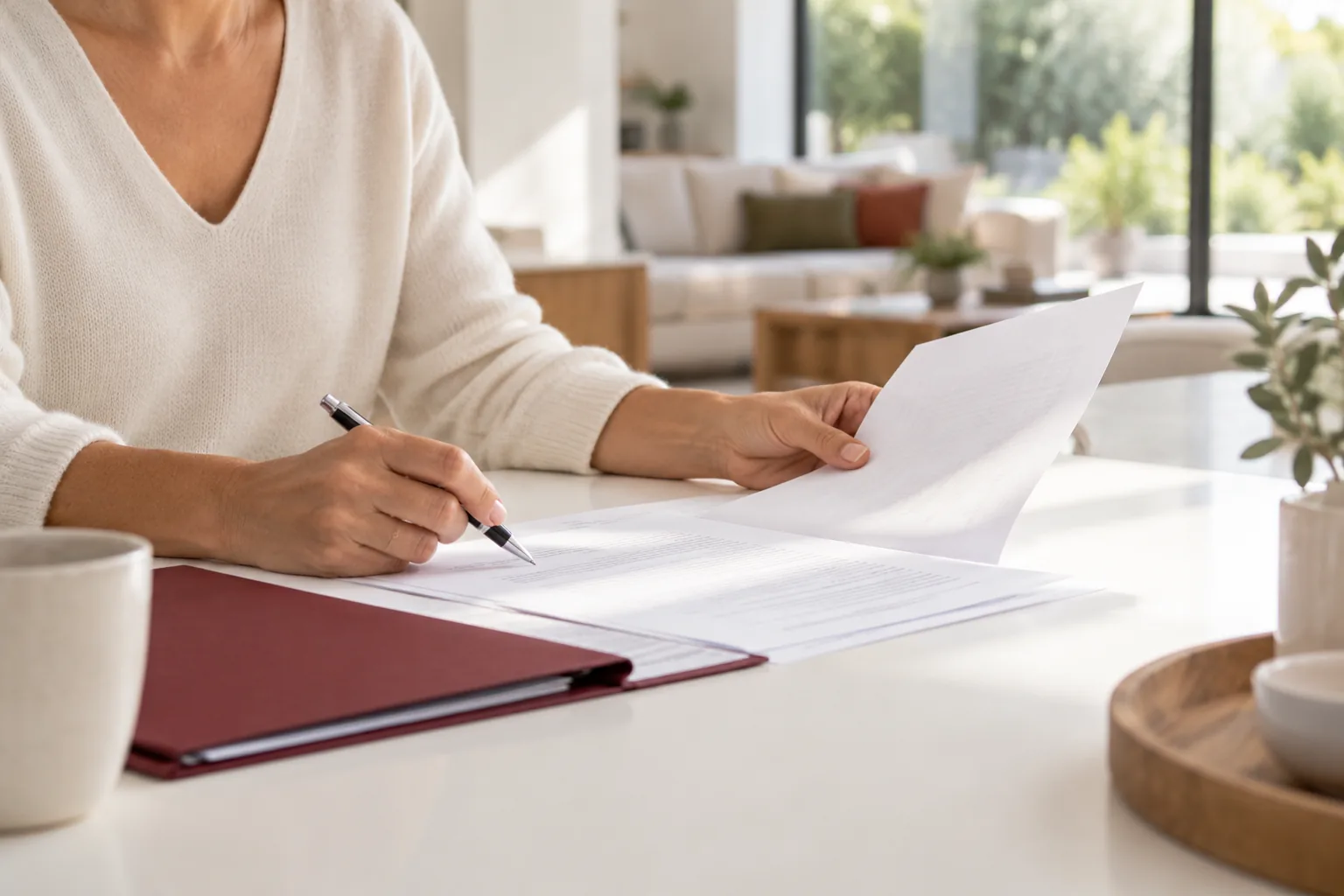 Une vendeuse examine une offre d’achat dans un intérieur lumineux